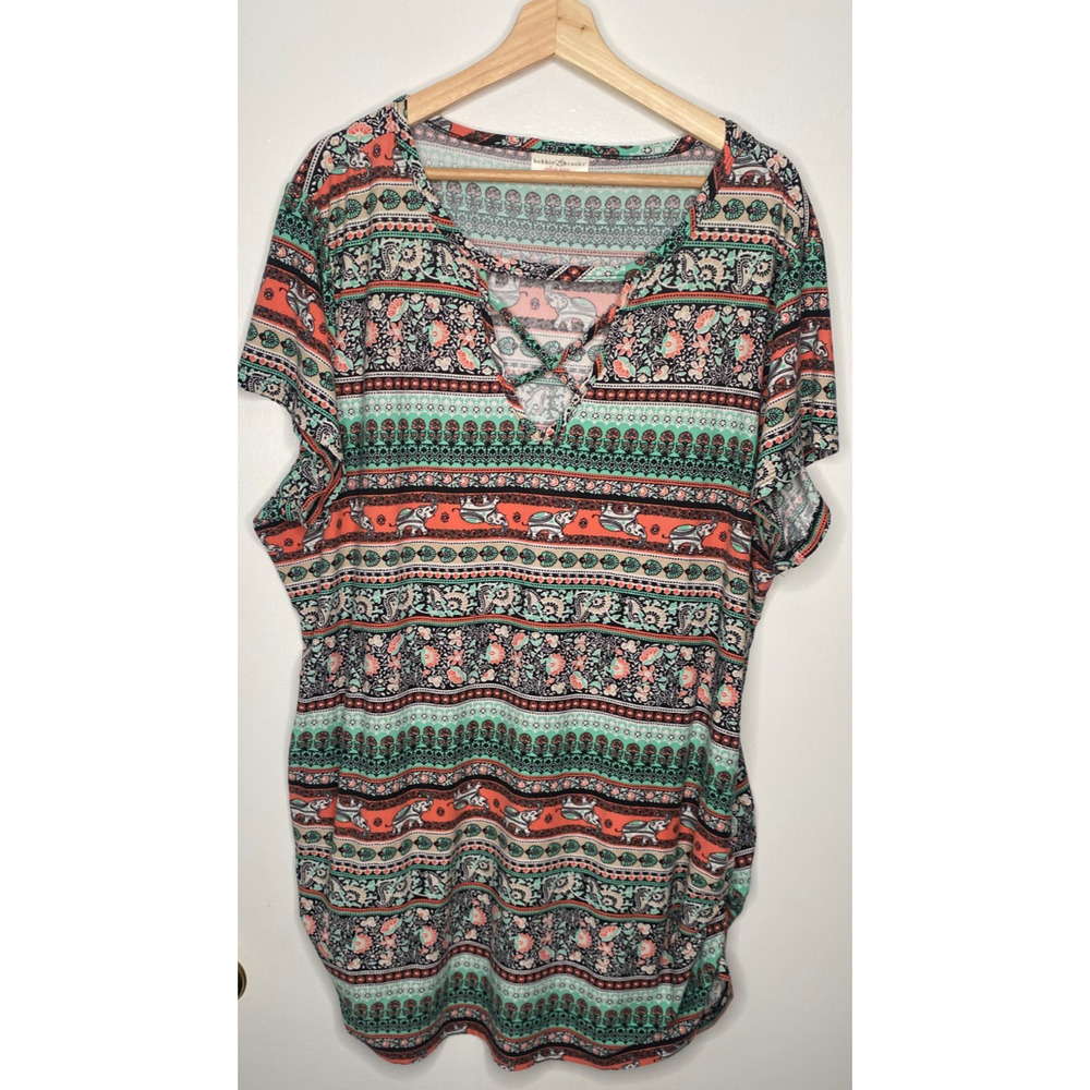 Bobby Brooks Plus Size 3X Boho Tribal Print Top Crisscross Front Short Sleeve